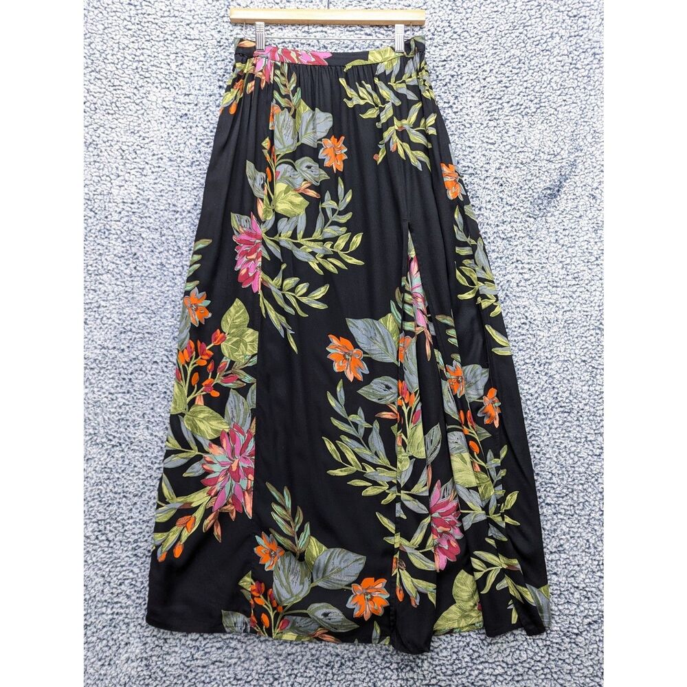 Patrons of Peace Floral Maxi Skirt Size M High Slit Boho Tropical Pull On Black